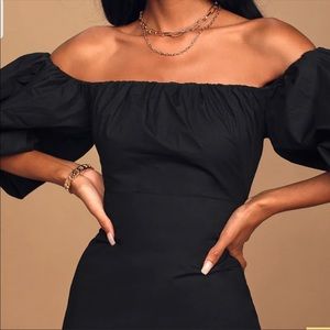 Black Off Shoulder Puff Sleeve Midi Dress